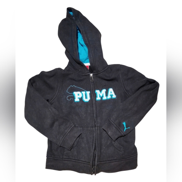 Vintage Rare PUMA Hoodie Full Zip Up Black And Blue For Girls Size 6x - Picture 1 of 6